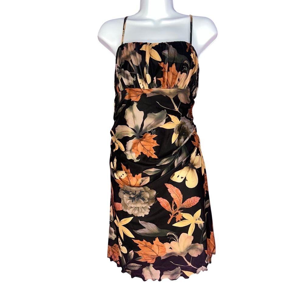 Witchy Whimsical Leaf Print Bodycon Mini Dress Spaghetti Strap Ruched Fall 1X